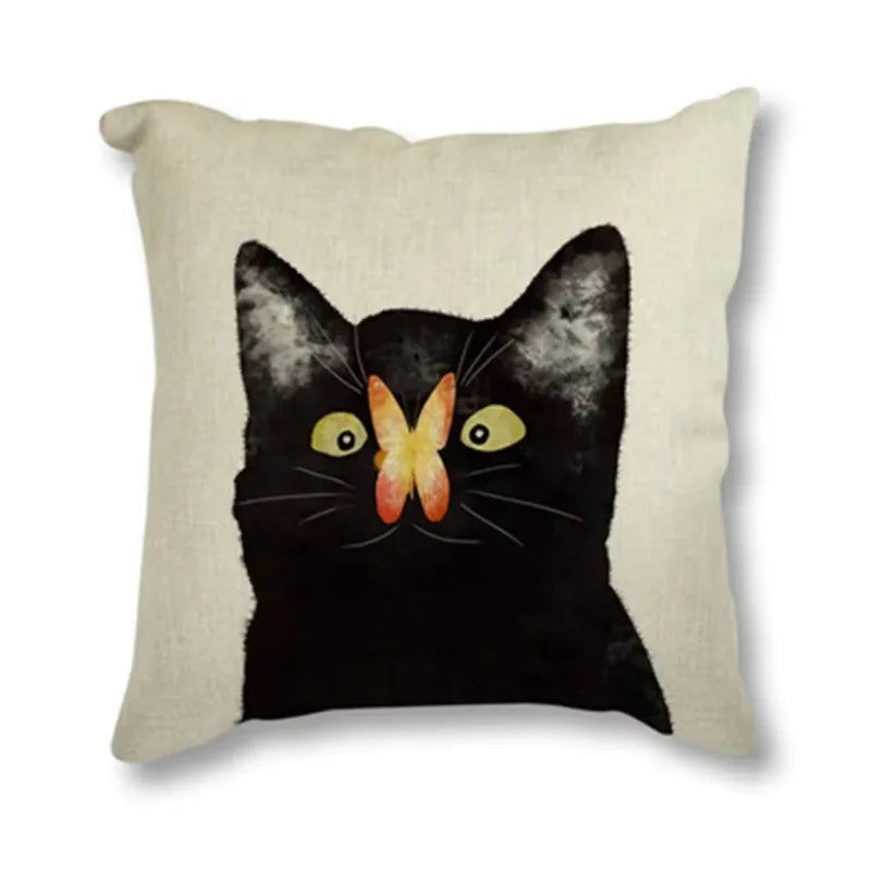 Black Cat & Butterfly Print Linen Cushion Cover by Axyaa - 45x45CM