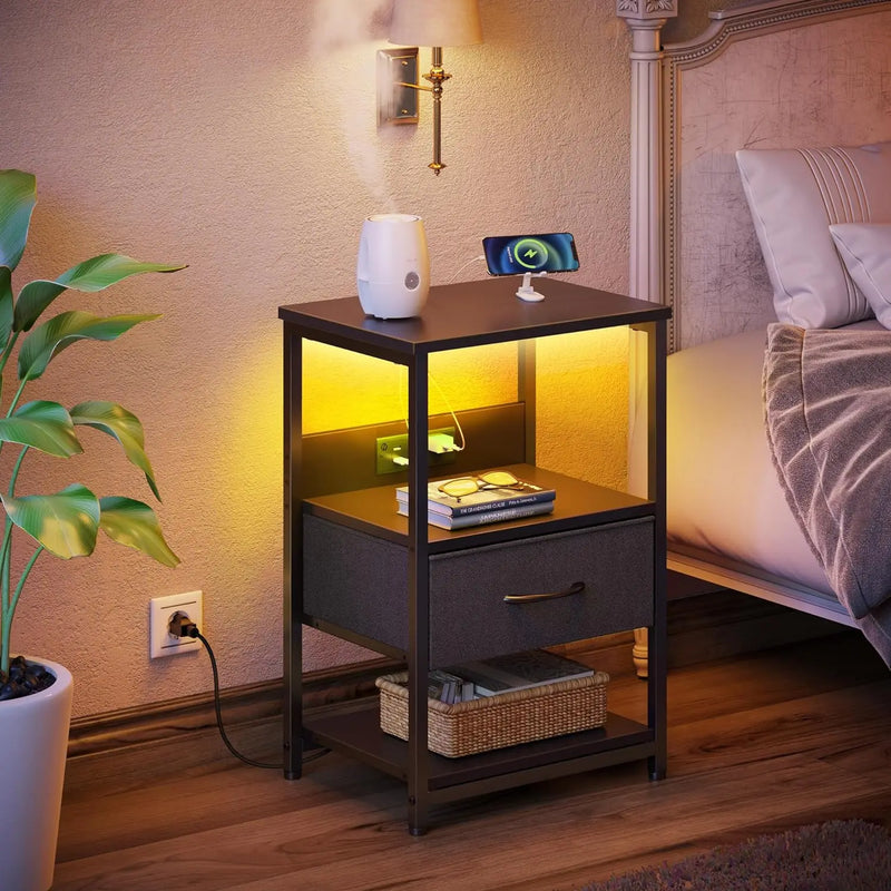 Axyaa LED Nightstand with Charging Station - Stylish and Functional Bedside Storage