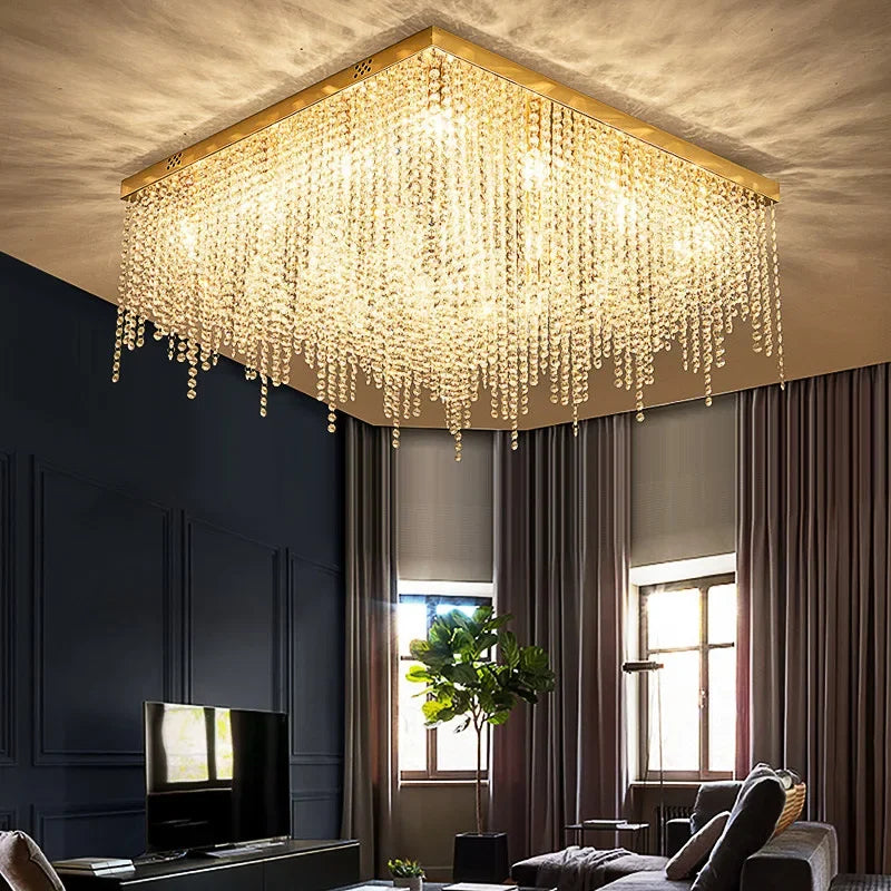 Axyaa Luxury Gold Crystal Chandelier LED Square Ceiling Light for Bedrooms and Living Rooms