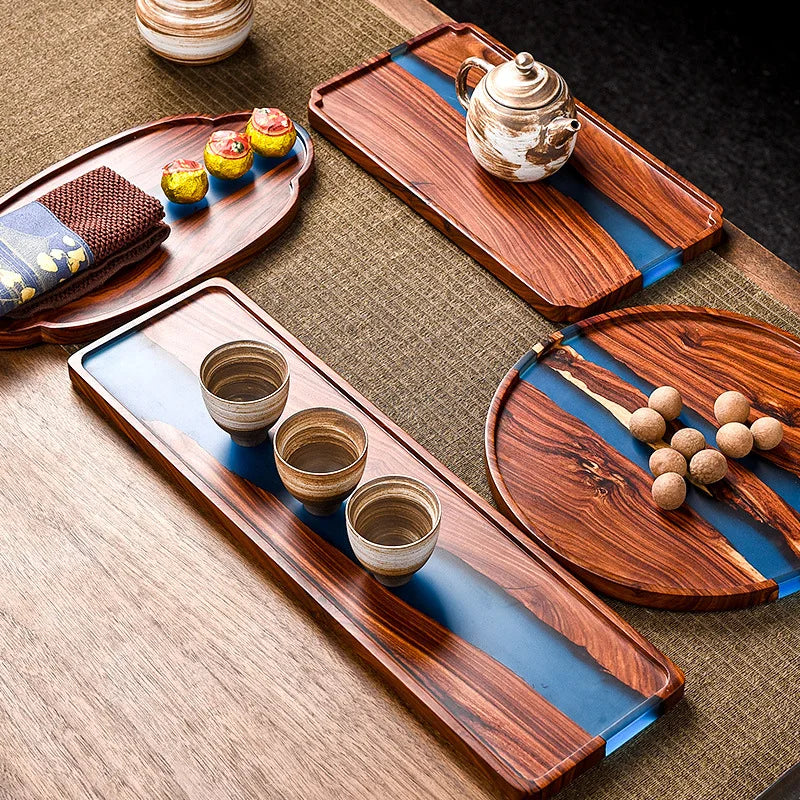 Axya Retro Tea Tray Set - High-Grade Resin & Wooden Snack Table