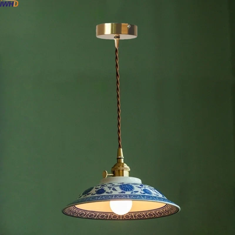 Axyaa White Blue Pattern Ceramic LED Pendant Lights - Japanese Style