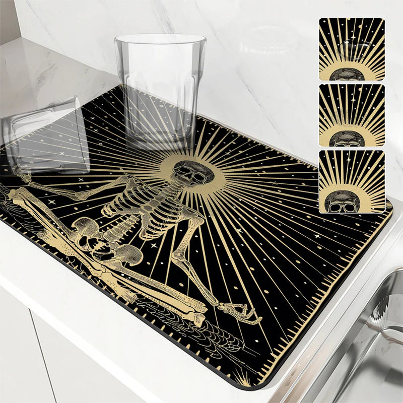 Axyaa Skull Astrology Kitchen Drying Mat - Quick Dry, Anti-Slip & Absorbent Drain Pad
