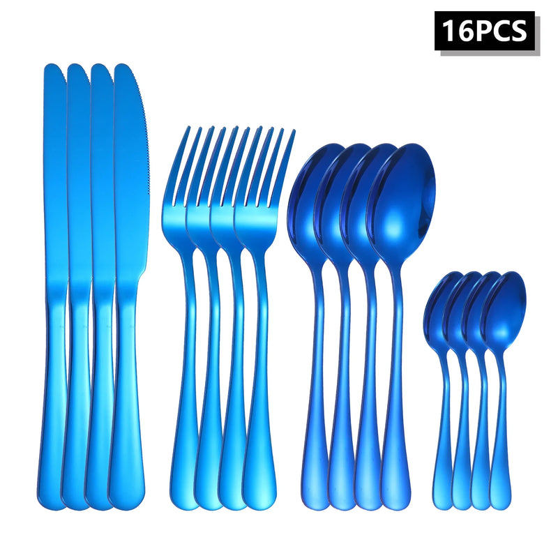 Axyaa 24-Piece Stainless Steel Cutlery Set, Blue Round Handle, Suitable for Home and Hospitality