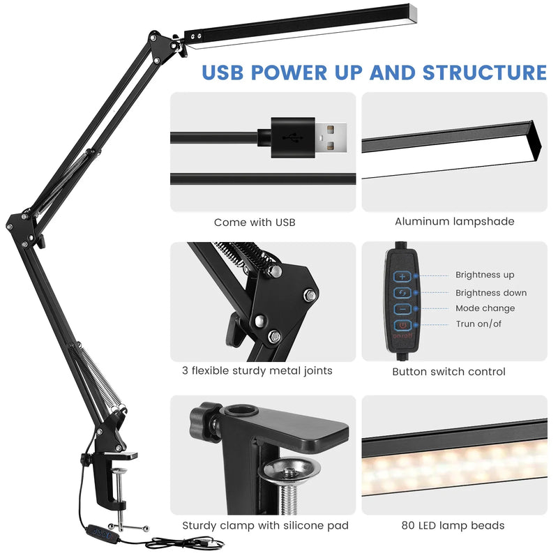 Axyaa 60CM LED Reading Table Lamp - Black L-Shaped Floor Lamp with USB Switch, Infinitely Dimmable