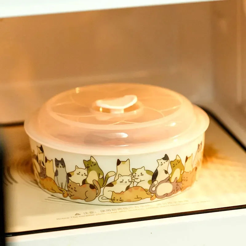 Axya Lazy Cat Glazed Bowl with Cover - Microwave and Salad Friendly
