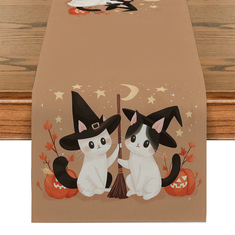 Axyaa Halloween Cat Pumpkin Wizard Hat Table Runner Home Wedding Decoration