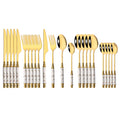 Axyaa Gold Ceramic Dinnerware Set with Stainless Steel Flatware & Cutlery in Luxe Storage Rack
