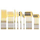 Axyaa Gold Ceramic Dinnerware Set with Stainless Steel Flatware & Cutlery in Luxe Storage Rack