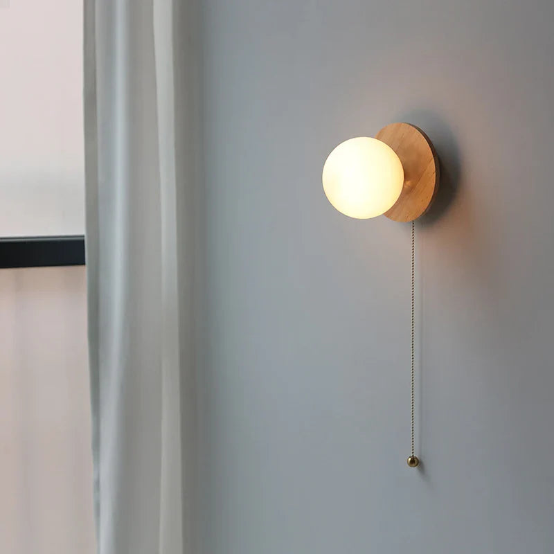 Axyaa Nordic LED Walnut Wood Glass Ball Wall Sconce with Pull Chain Switch