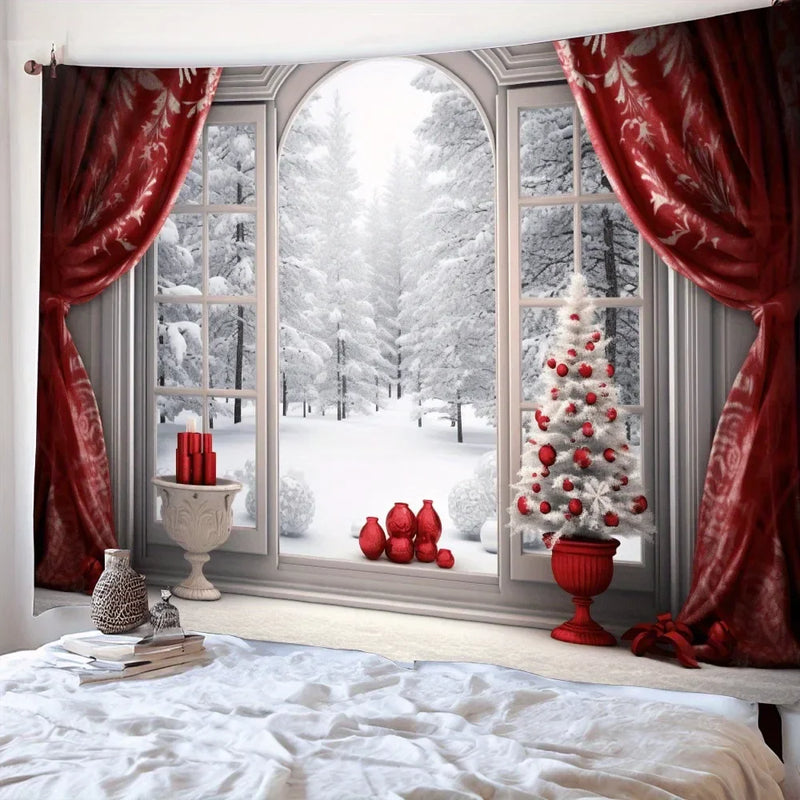 Axyaa Christmas Window Tapestry Snow Scene for Home Outdoor Decor