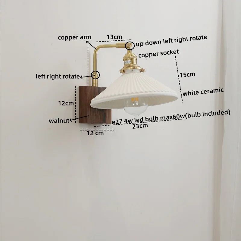 Axyaa Walnut Ceramic LED Wall Lamp with Pull Chain Switch