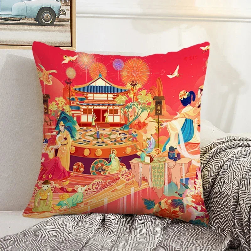 Axyaa Chinese Landscape Pillowcase 40x40 50x50 Cushions Covers Home Decor