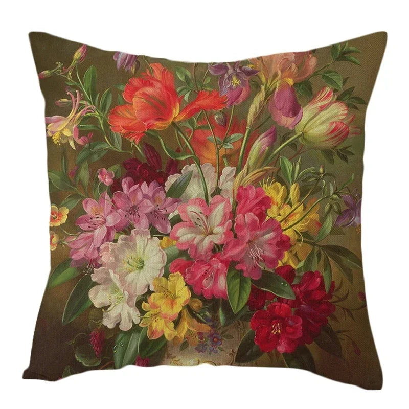 Axyaa Rose Vase Floral Cushion Cover - Orange Pomegranate Sofa Pillow Case