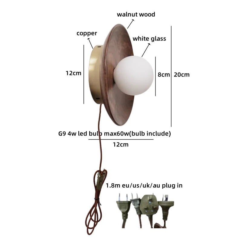 Axyaa Round Wood Glass Ball LED Wall Sconces for Bedroom and Living Room
