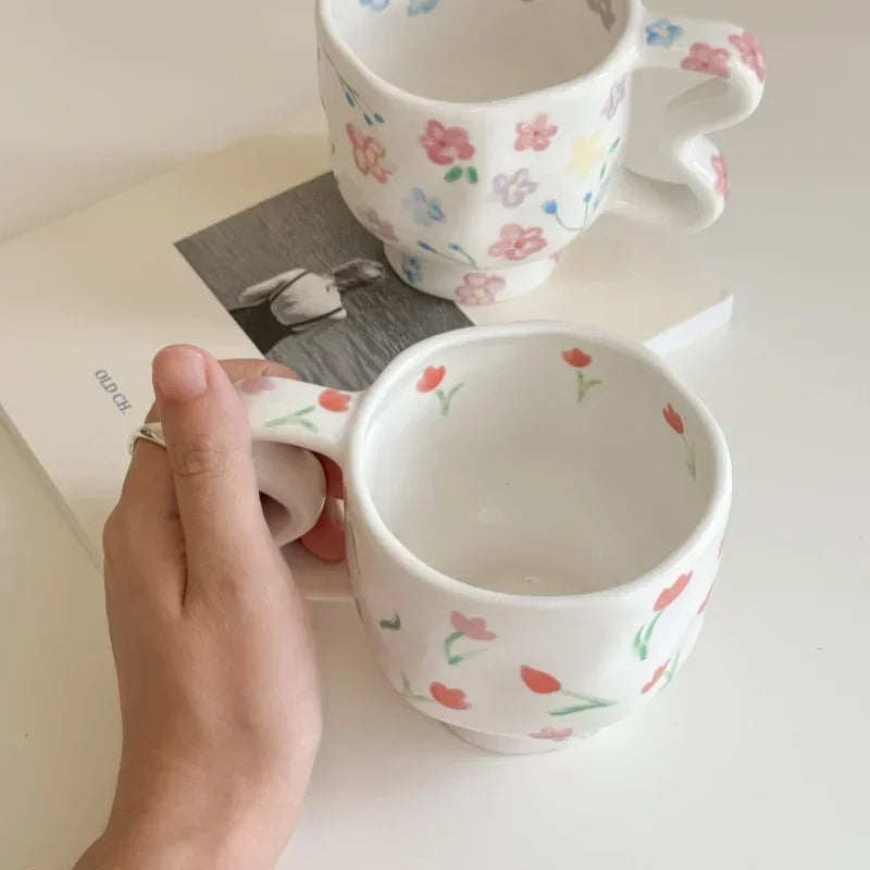 Hand-Painted Tulip Flower Pattern Ceramic Mug by Axyaa - High-Footed Cup