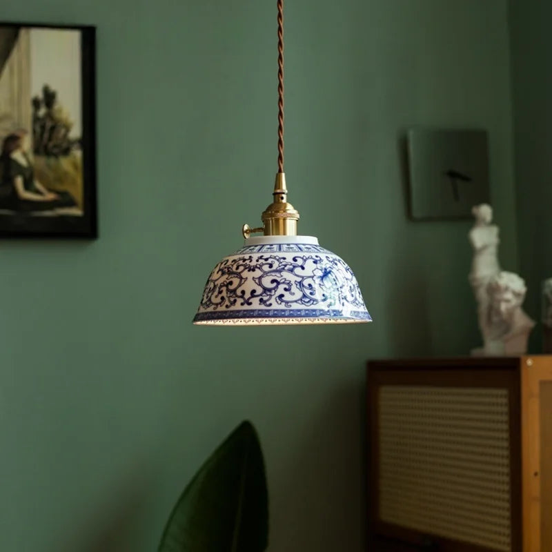 Axyaa White Blue Ceramic LED Pendant Lamp Retro Gold Brass Hanging Light