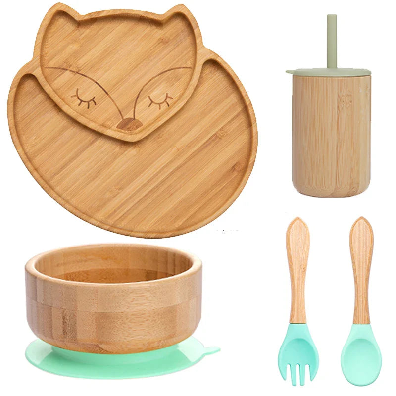 Axya Kids 5Pcs Bamboo Tableware Set with Suction Cup Non-Slip Base
