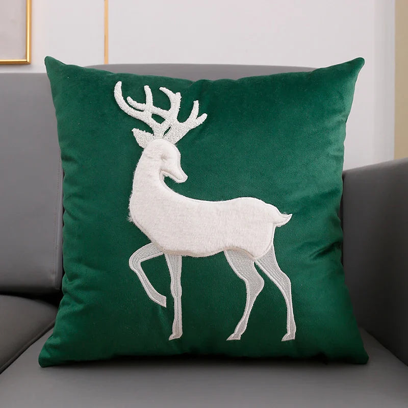 Axyaa Christmas Tree Deer Embroidery Cushion Cover 45x45cm Soft Velvet Square Pillow