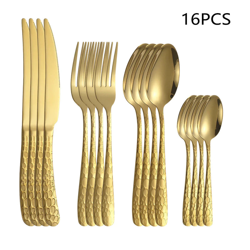 Axyaa Gold Stainless Steel Western Tableware Set: Knife, Fork, Spoon - 24pcs