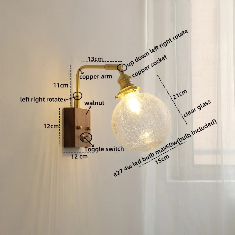 Axyaa Glass Copper LED Wall Lights Modern Bedside Lamp for Home Decor