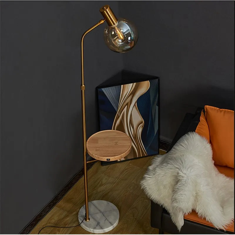 Axyaa Wireless USB Charging Floor Lamp Round Wood Metal Standing Table Lamp