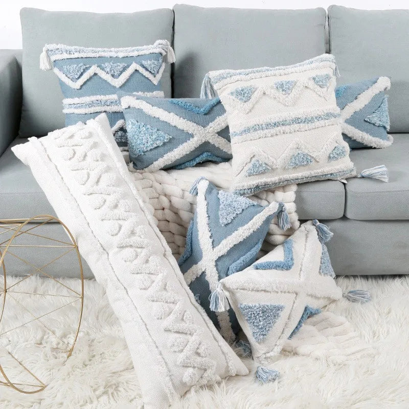 Geometric Tufted Tassel Pillow Covers for Home Decor by Axyaa