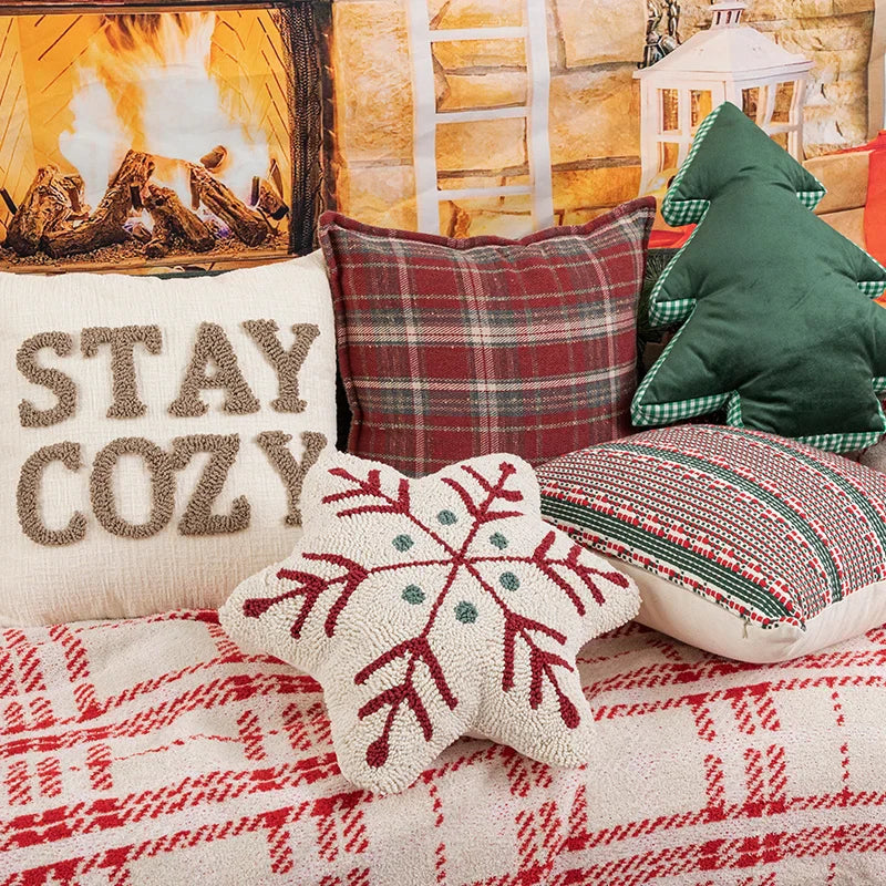 Axyaa Christmas Cushion Cover Snowflake Tree Green Red Checked Tassels
