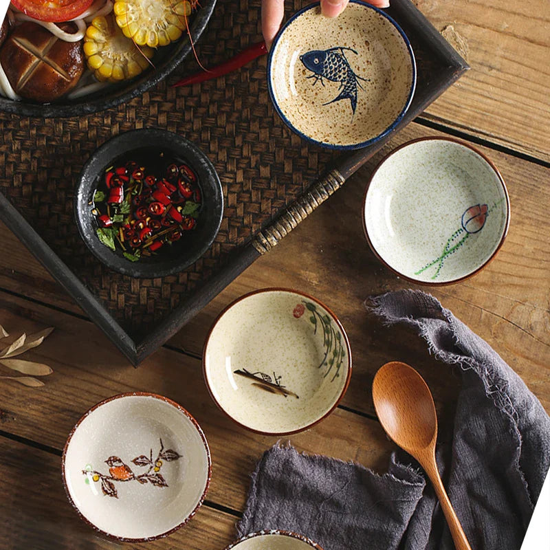 Axya Hand-painted Ceramics Japanese Dinner Plate Set for Desserts, Salad, Pasta, and Dipping Sauce
