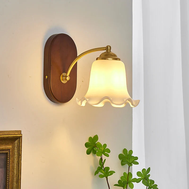 Axyaa Japanese Style LED Wall Lights Copper Wood Bedside Lamp