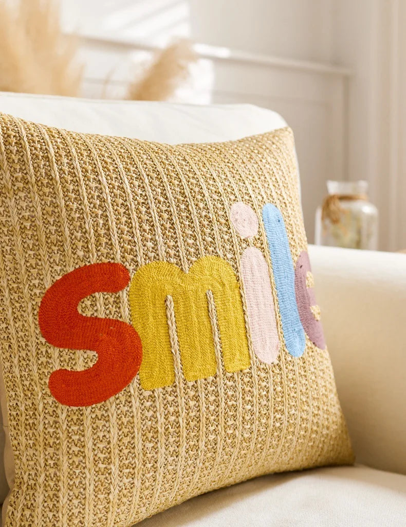 Embroidered Happy Home Pillow Cover by Axyaa for Living Room & Bedroom
