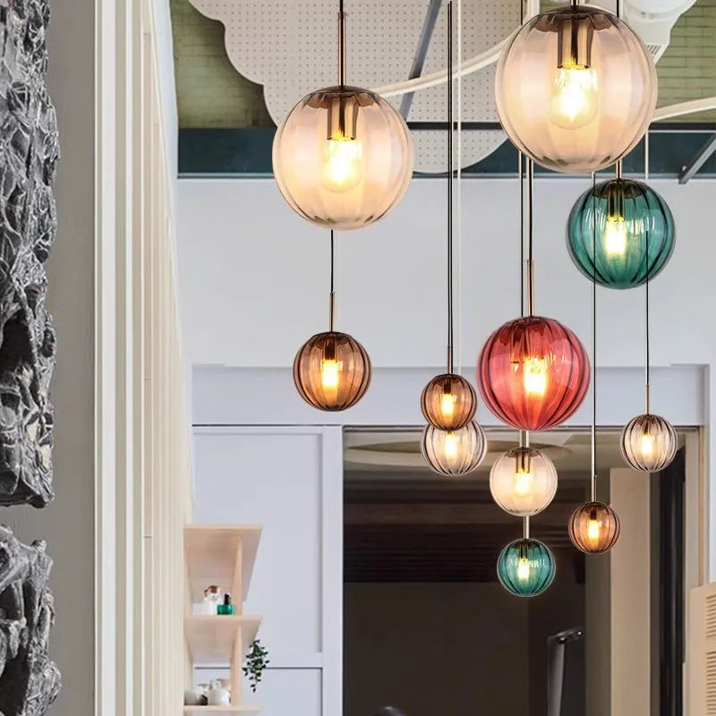 Axyaa Glass Ball Chandelier Lamp in Pink, Smoke Gray, Blue & Green for Living Room