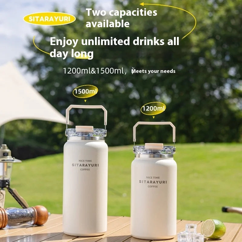 Axyaa Stainless Steel Vacuum Flask Insulated Cup with Handle, Straw, Cold&Hot Thermos Mug.