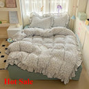 Axyaa Cream Lace Girl Powder Grid Korean Version Double-Layer Yarn 4-Piece Bed Set