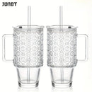 Axyaa Begonia Floral Glass Tumbler with Handle, Straw, Lid - Large Capacity Water Cup