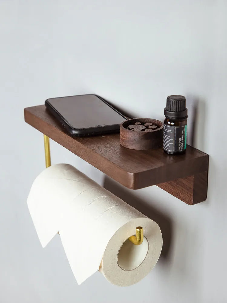 Axya Wooden Toilet Roll Holder with Metal Hook for Bathroom Storage