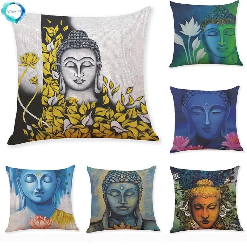 Axyaa Buddha Statue Print Linen Cushion Cover 45X45CM