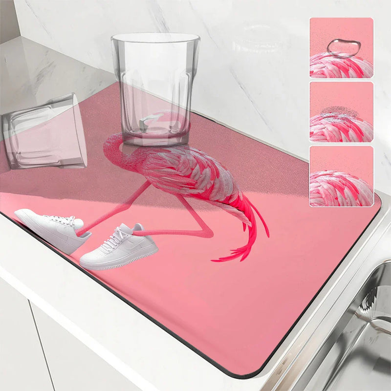 Axyaa Flamingo Absorbent Draining Mat: Quick Drying Kitchen & Bathroom Drain Pad