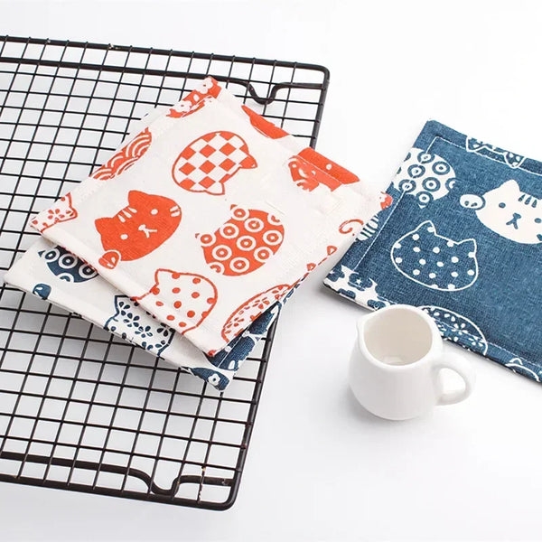 Korean Cartoon Cat Coasters Set by Axya - Cute Cotton Linen Insulation Pad