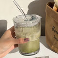 Axyaa Stripe Glass Cup with Lid & Straw, 600ml, Drinkware for Coffee, Juice, Milk, Tea