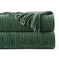 Axyaa Green Plaid Chenille Knit Blanket with Tassels for Bed Couch Décor