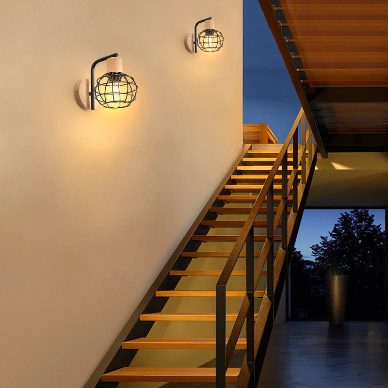 Iron Wood Wall Lamp Shade E27 for Bedroom Living Room by Axyaa