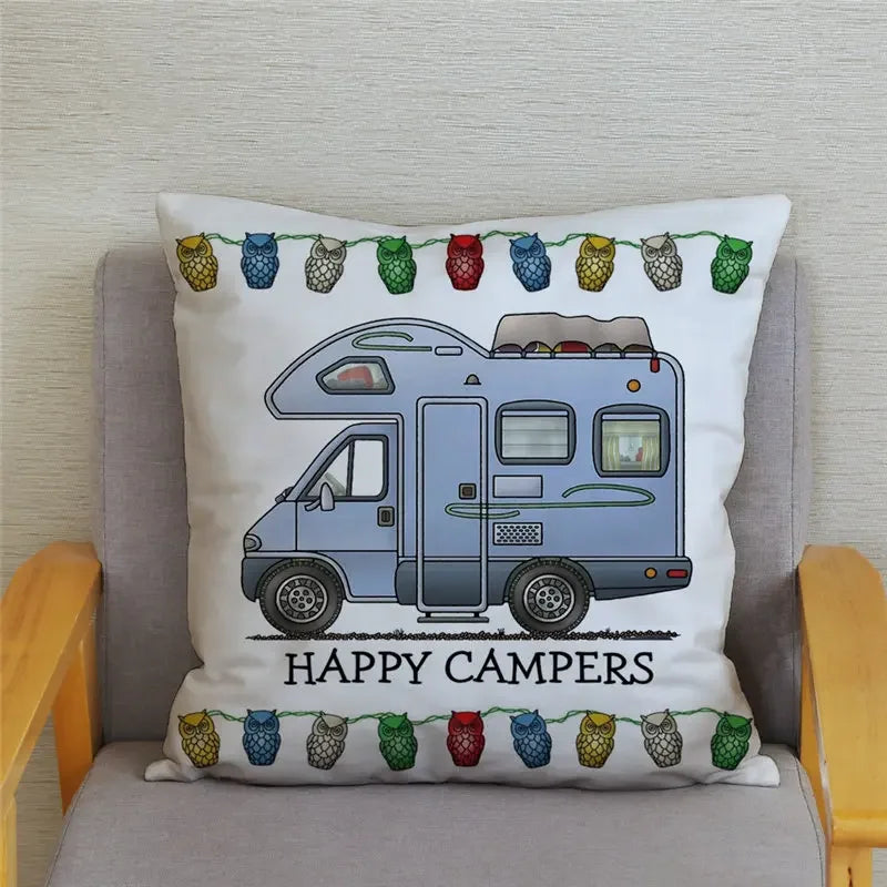 Happy Campers Owl Motorhome Print Pillow Case by Axyaa
