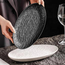 Axyaa Stone Patterned Ceramic Fish Plate: Unique Oval Serving Dish for Sushi, Sashimi & Molecular Cuisine