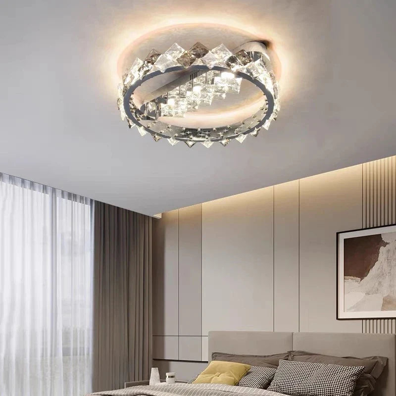 Axyaa Luxury Crystal Ceiling Lamp Stainless Steel Chrome Dimmable Hanging Light