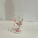 Kawaii Butterfly Glass Cup Bamboo Lid Straw 500ml Axyaa Tumbler Cup Glasses