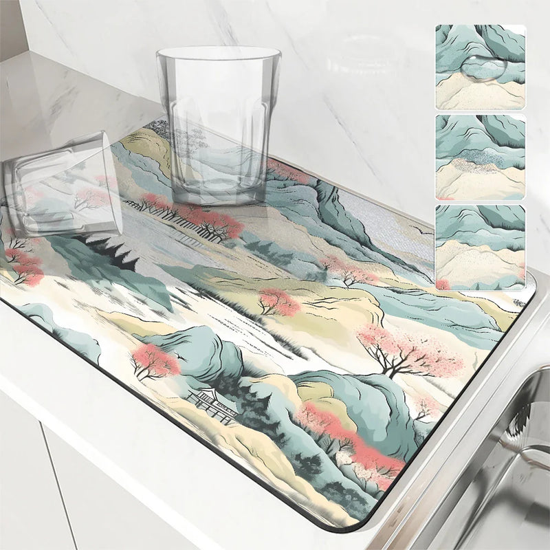 Axyaa Natural Scenery Square Dry Mat - Anti-slip & Absorbent Coffee Tablewear and Dish Drainer