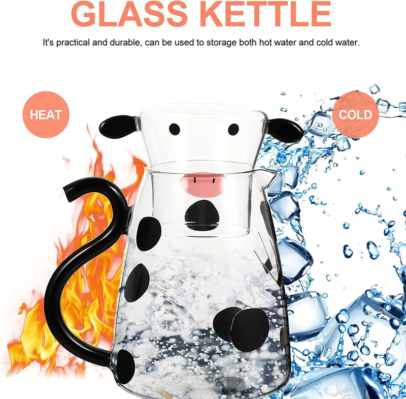 Axya Glass Cow Kettle Set: Transparent Water Carafe, Cup, Coffee Jug