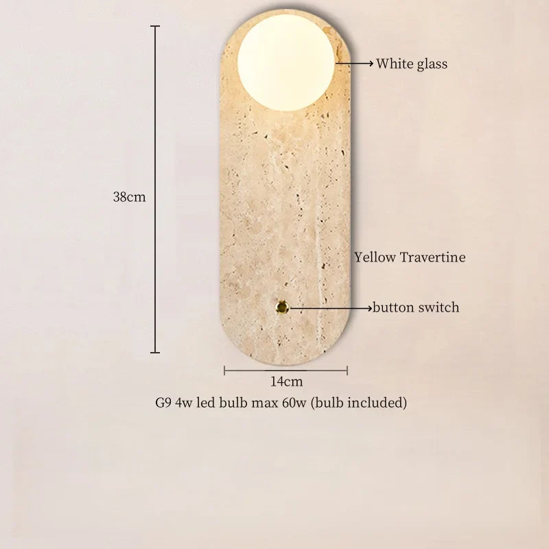 Axyaa White Glass LED Wall Light - Yellow Travertine Button Switch - Wabi Sabi Design