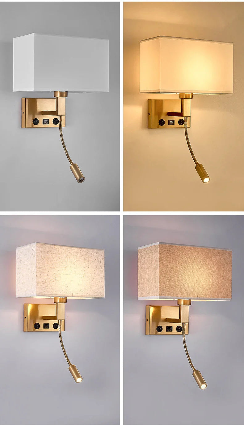 Axyaa Bedside Wall Lamp with USB Port and Cloth Lampshade