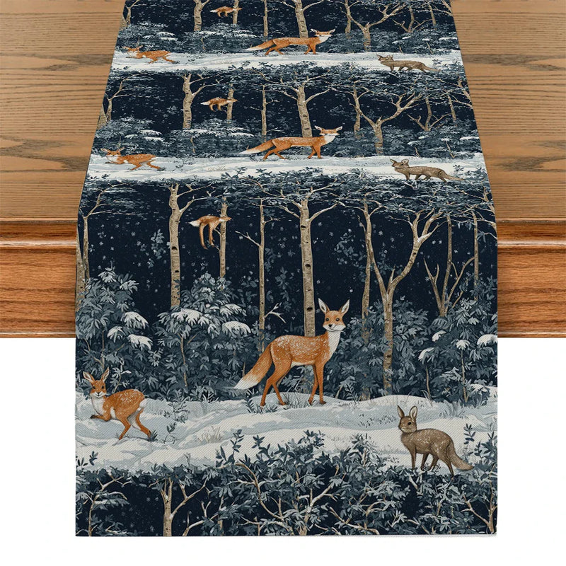 Axyaa Christmas Tree Deer Fox Table Runner for Dining Room